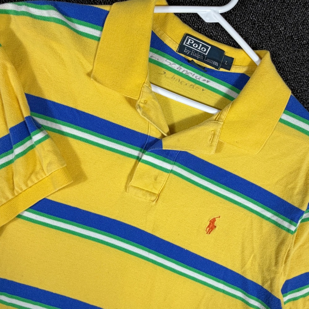 Vintage Polo Ralph Lauren Men's L Yellow Striped Short Sleeve Pique Polo Shirt
